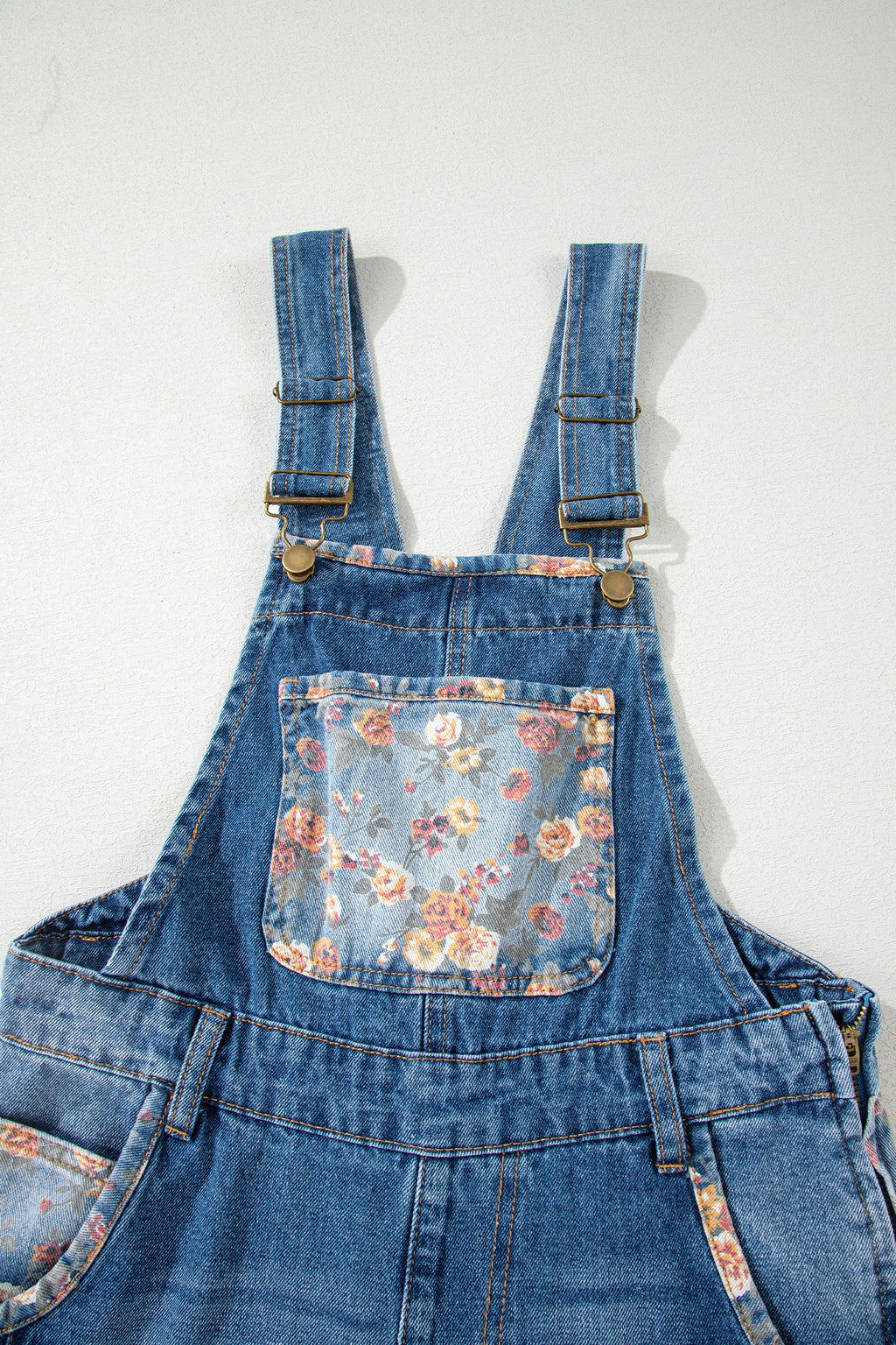 Peacock Blue Floral Patchwork Bib Denim Wide-Leg Overalls