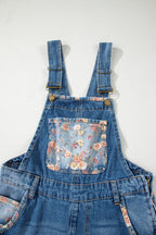 Peacock Blue Floral Patchwork Bib Denim Wide-Leg Overalls