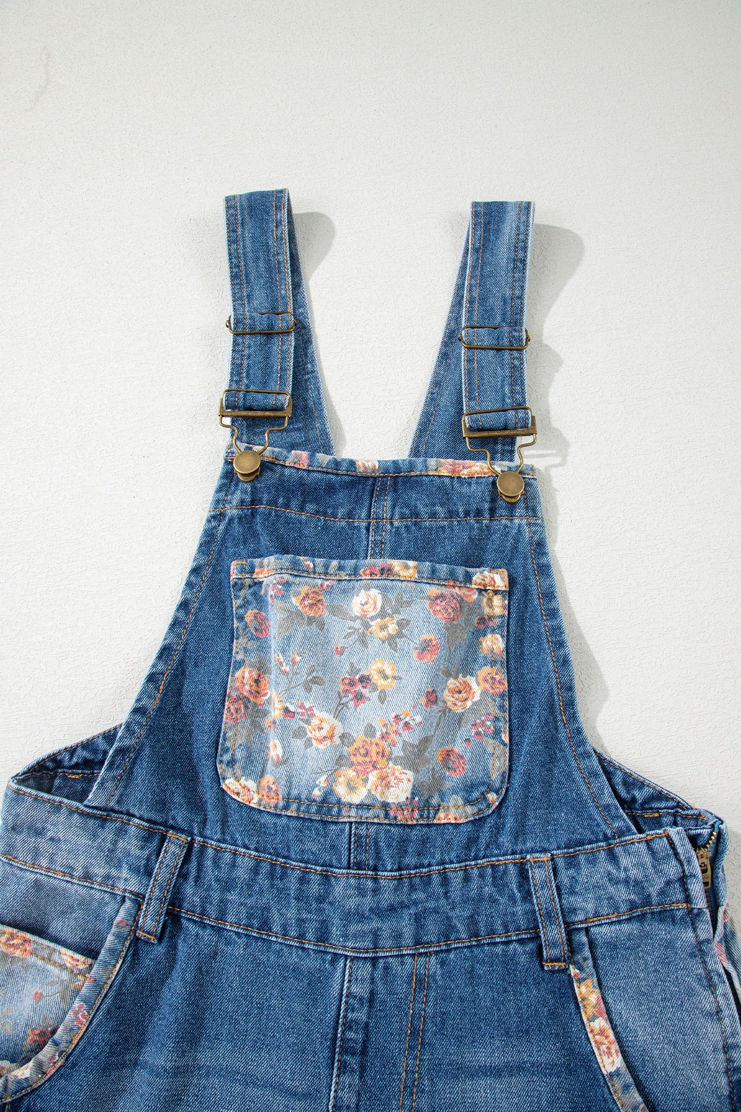 Peacock Blue Floral Patchwork Bib Denim Wide-Leg Overalls