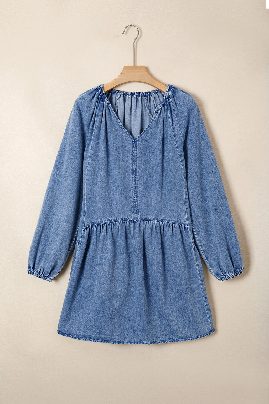 Myosotis Puff Sleeve V-Neck Ruffled Loose Denim Mini Dress