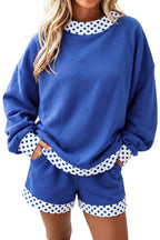 Dark Blue Polka Dot/Gingham Trim Baggy Pullover 2pcs Short Set