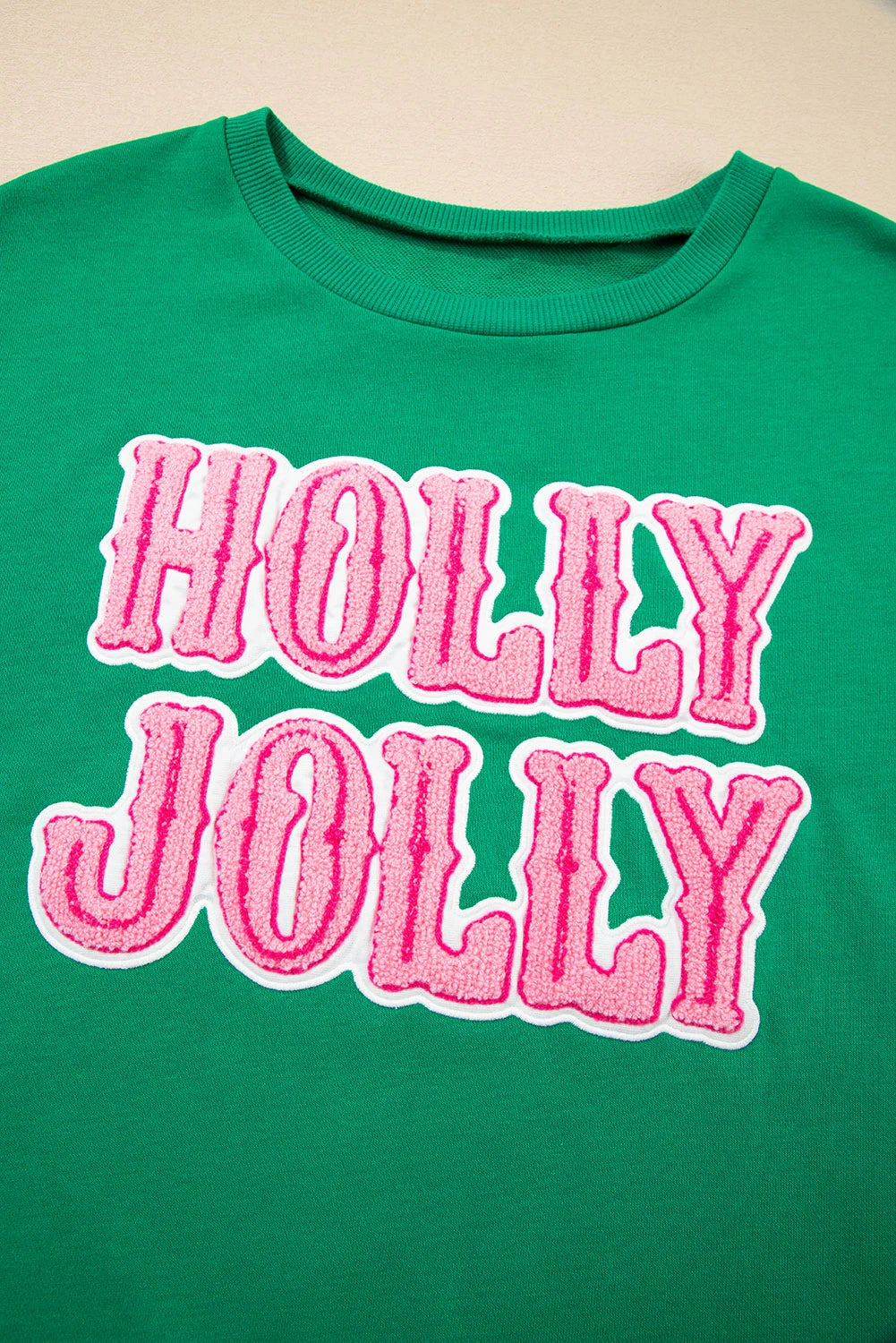 Sea Green HOLLY JOLLY Towel Embroidered Christmas Holiday Sweatshirt
