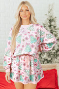 Pink Christmas print lace trim long sleeve skirt set