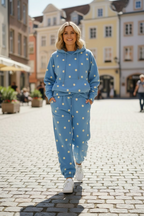 Blue Polka Dot Hooded Drawstring Long Sleeve Plus Size Set