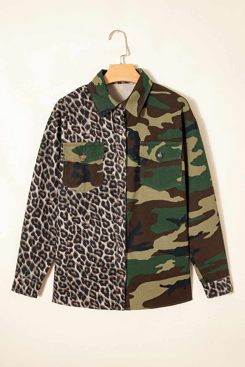 Brown Leopard Camo Patchwork Oversized Shacket