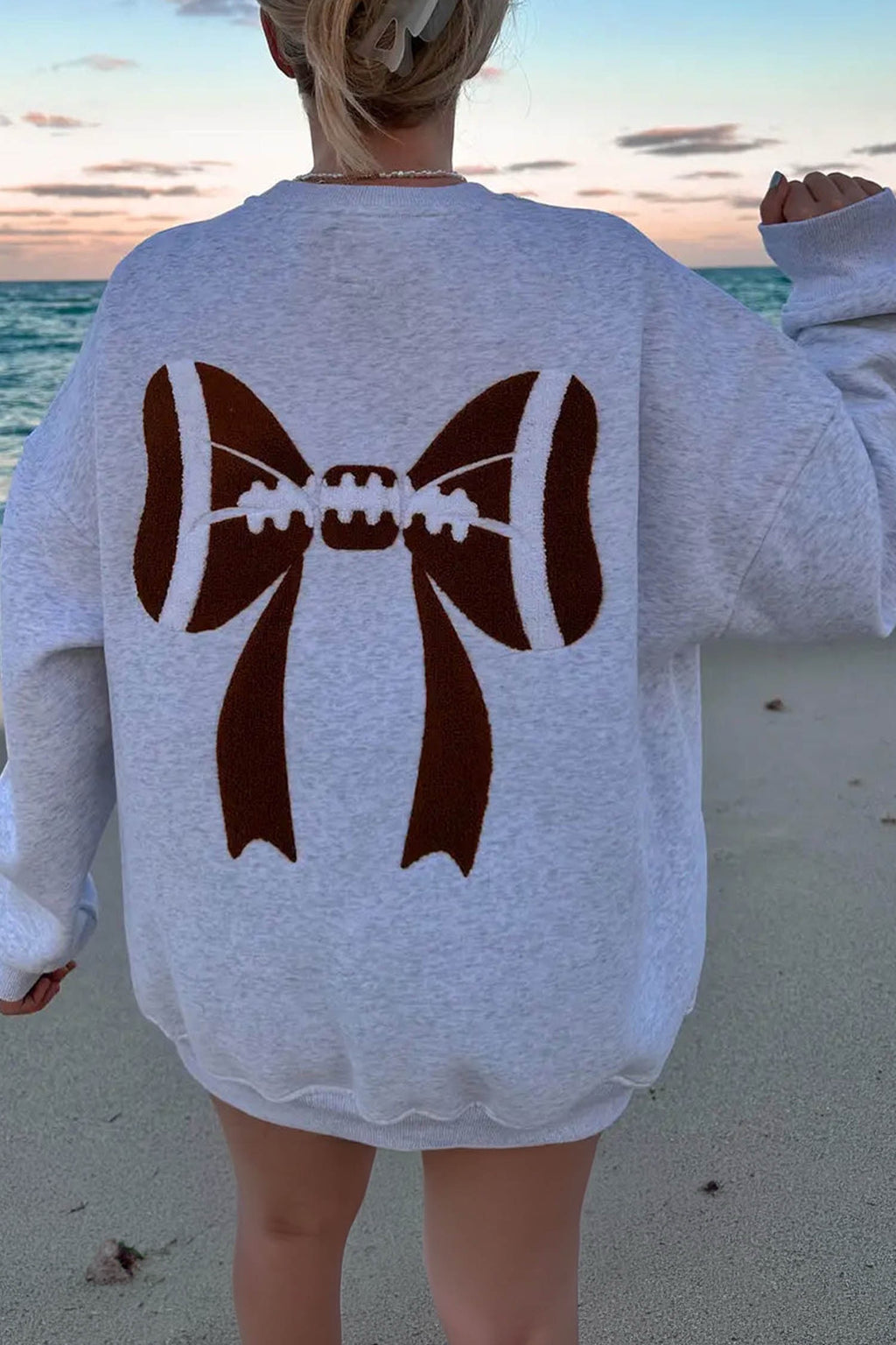 Light Grey Embroidered Football Bow Back Long Sleeve Sweatshirt