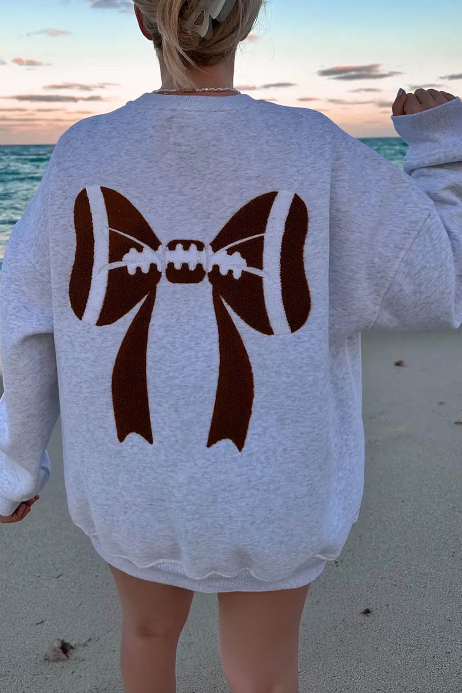 Light Grey Embroidered Football Bow Back Long Sleeve Sweatshirt