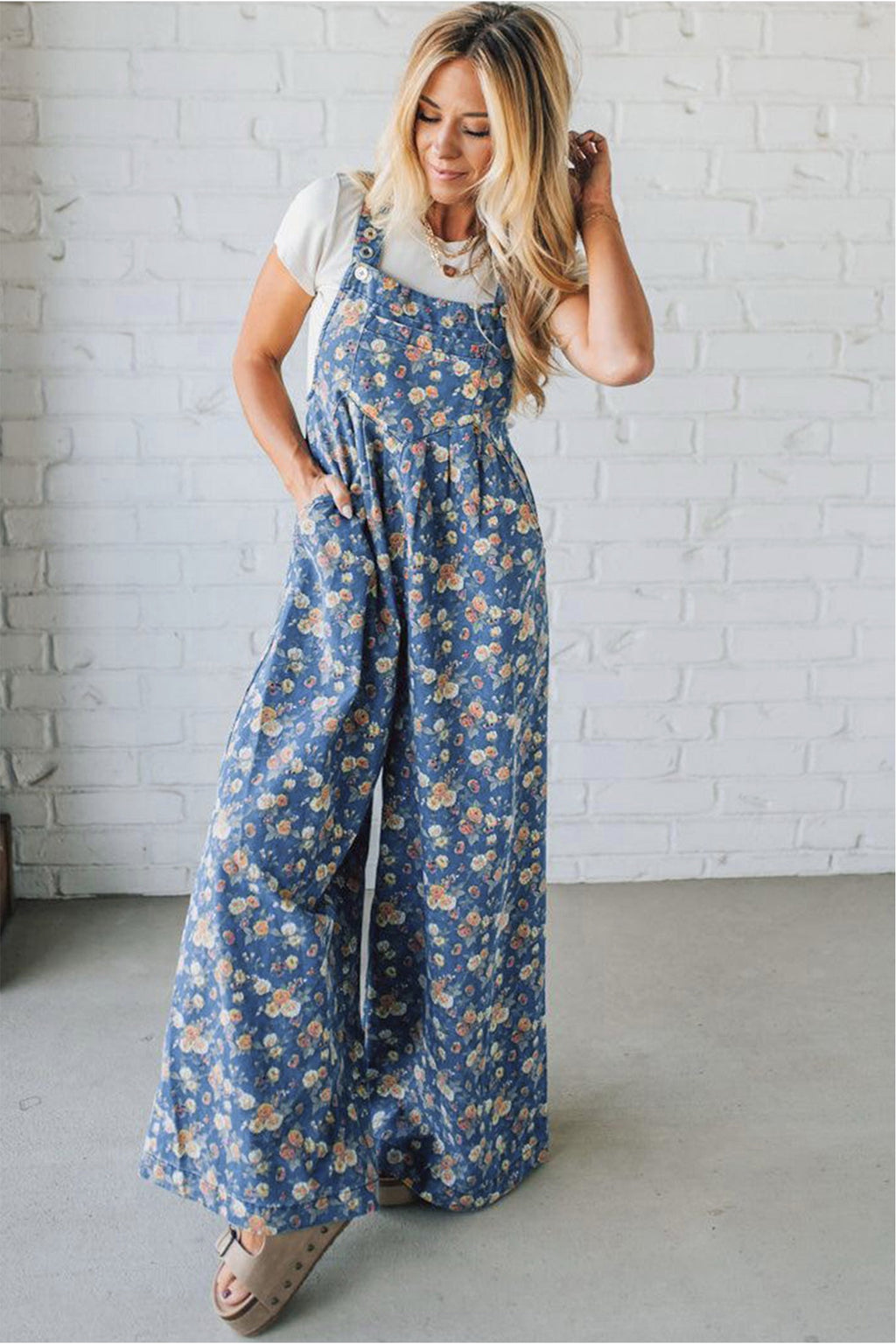 Blue Vintage Rose Printed Loose Denim Overall Jumpsuit