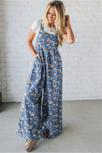 Blue Vintage Rose Printed Loose Denim Overall Jumpsuit