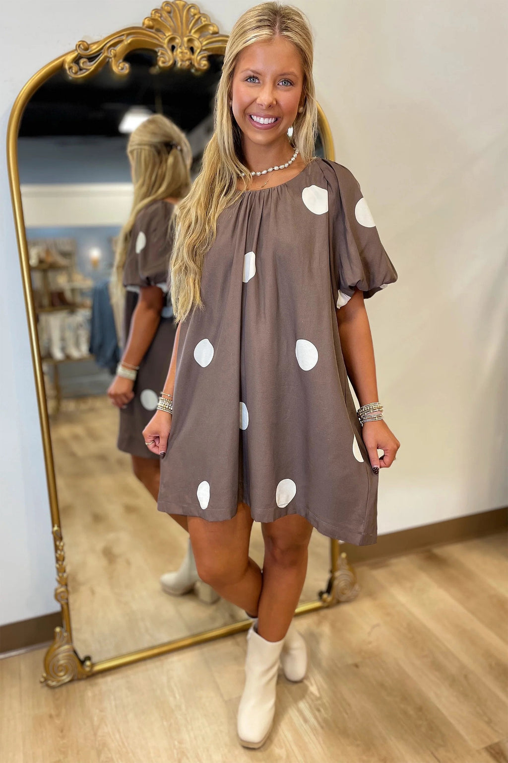 Dotty for You — Knot-Back Puff Sleeve Mini Dress