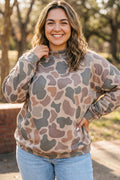 Plus Size Multicolour Camo Print Ribbed Mock Neck Sweatshirt