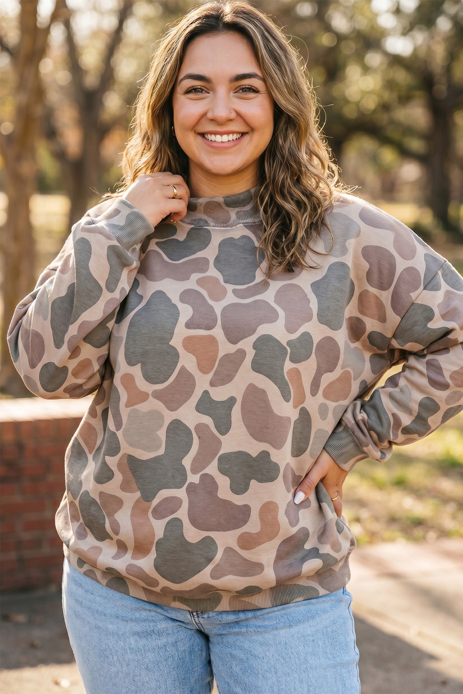 Plus Size Multicolour Camo Print Ribbed Mock Neck Sweatshirt