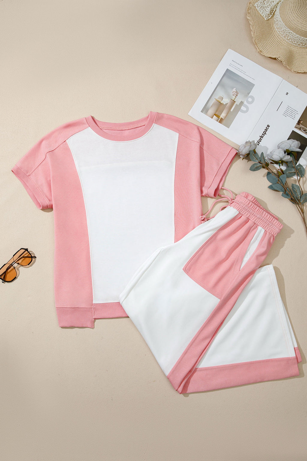 White Two-tone Color Block Patchwork Tee Drawstring Loose Pant Set