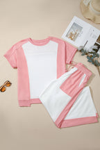 White Two-tone Color Block Patchwork Tee Drawstring Loose Pant Set
