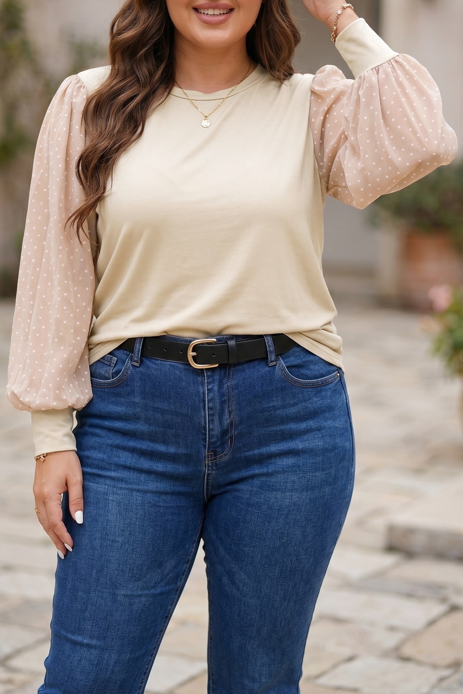 Parchment Polka Dot Long Sleeve Plus Size Blouse