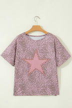 Pink Leopard Retro Studded Star Patch Loose Tee