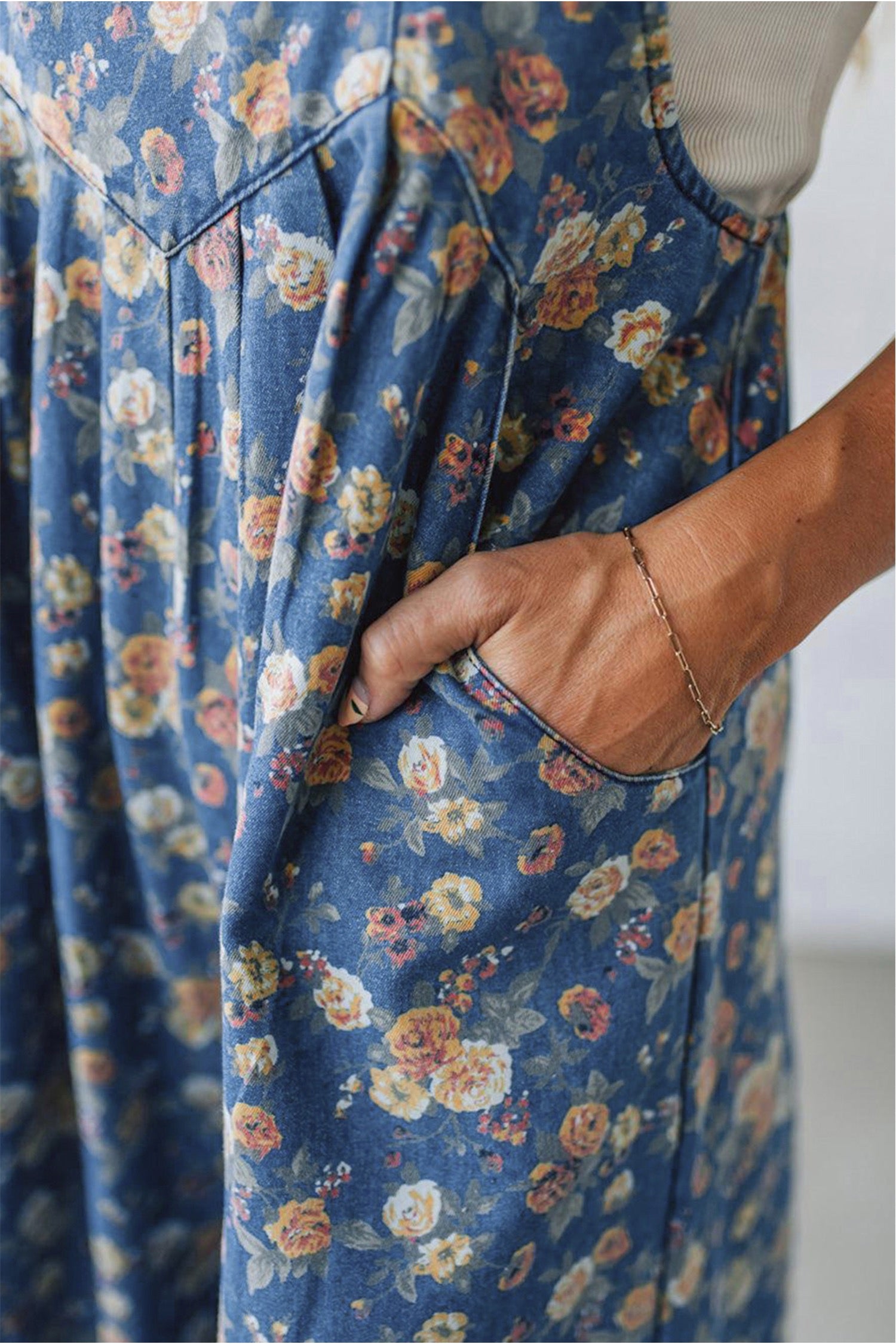 Blue Vintage Rose Printed Loose Denim Overall Jumpsuit