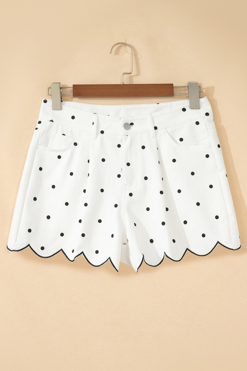 Hem Shorts White Polka Dot Print Embroidered Scallop