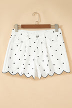 Hem Shorts White Polka Dot Print Embroidered Scallop