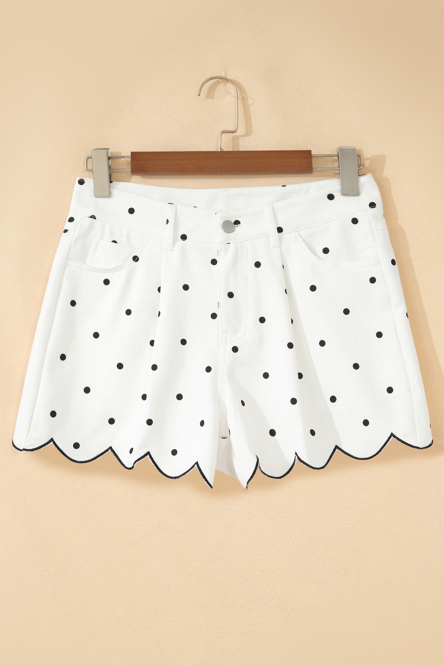 Hem Shorts White Polka Dot Print Embroidered Scallop