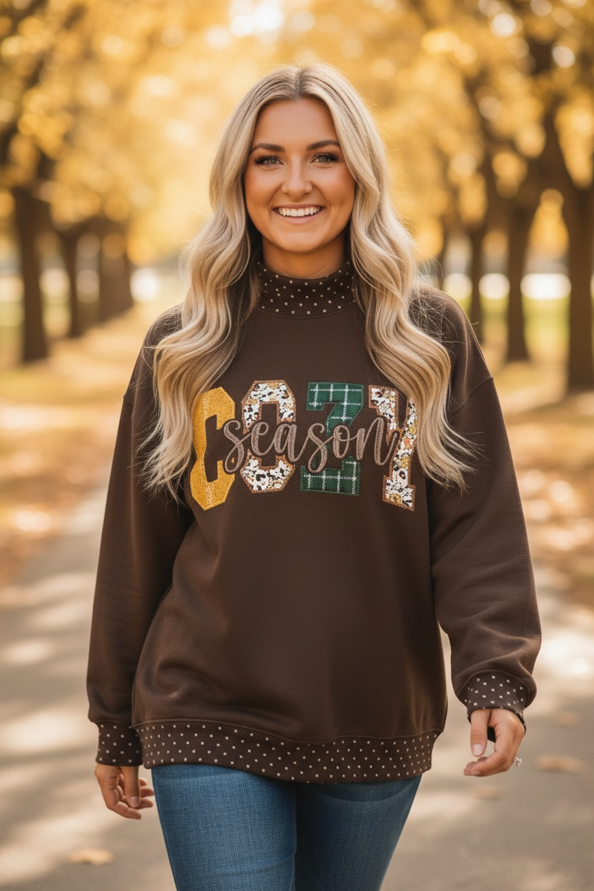 Brown Appliqué Embroidery Mock Neck