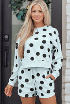Sky Blue Polka Dot Print Drop Shoulder Pullover Drawstring Shorts Setk