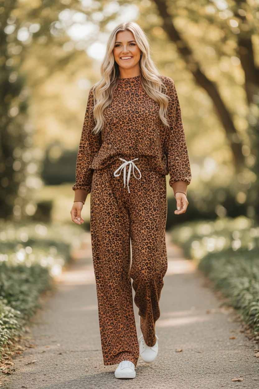 Relaxed Pant Set Brown Leopard Print Long Sleeve Top