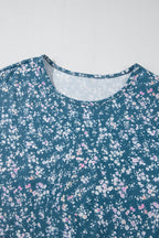 Orange Floral Color Block Patchwork Ruffled Hem Round Neck Blouse