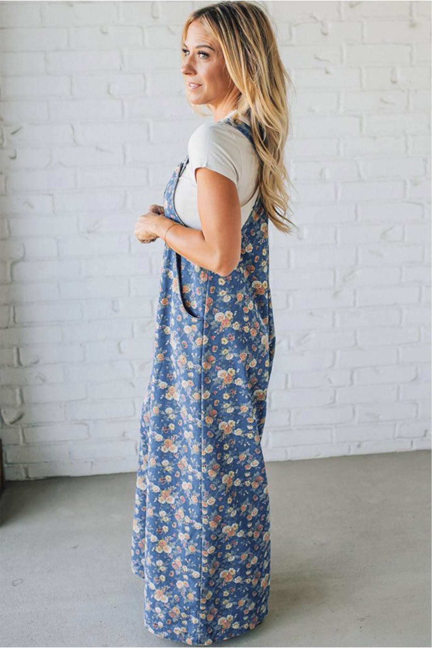Blue Vintage Rose Printed Loose Denim Overall Jumpsuit