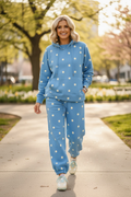 Blue Polka Dot Hooded Drawstring Long Sleeve Plus Size Set