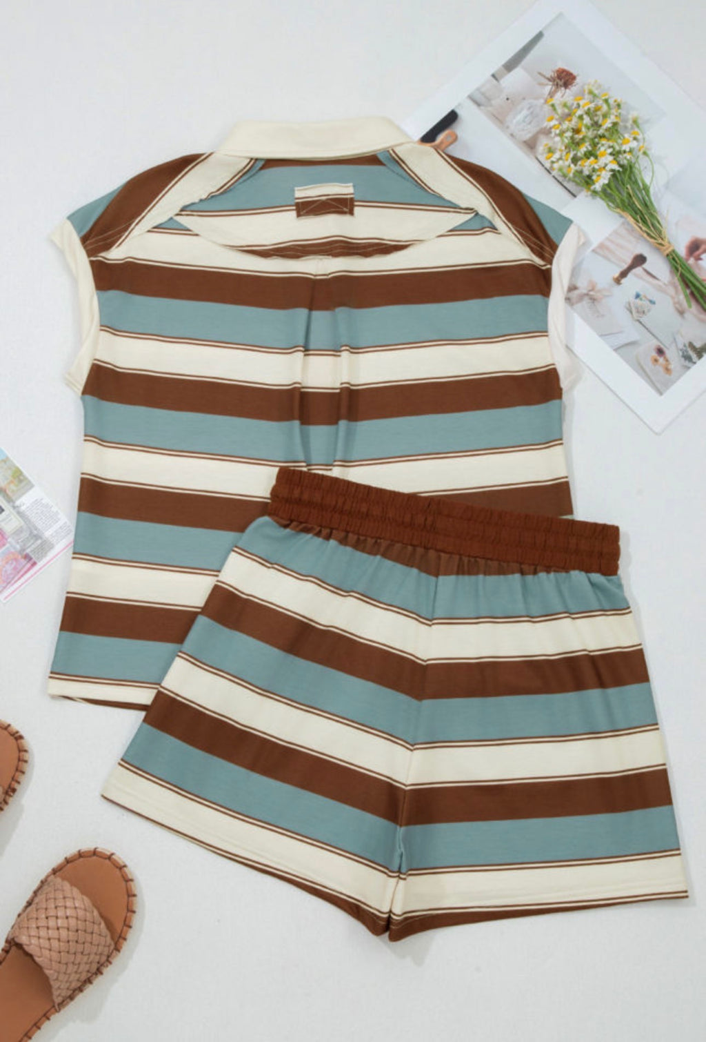 White Stripe Button Polo Collar Tee & Drawstring Elastic Waist Patchwork 2pcs Short Set