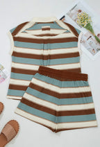 White Stripe Button Polo Collar Tee & Drawstring Elastic Waist Patchwork 2pcs Short Set