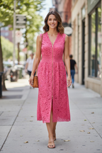 Coral Floral Lace Overlay Zip Up V Neck Smocked Waist Sleeveless Dress