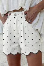Hem Shorts White Polka Dot Print Embroidered Scallop