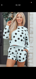 Sky Blue Polka Dot Print Drop Shoulder Pullover Drawstring Shorts Setk