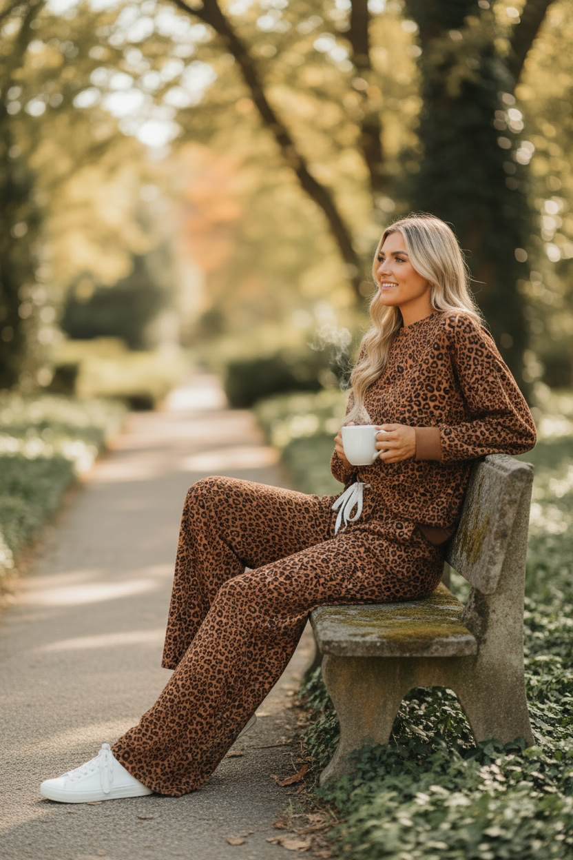 Relaxed Pant Set Brown Leopard Print Long Sleeve Top