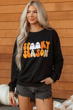 Embroidered Spooky Season Graphic Long Sleeve Round Neck Pullover