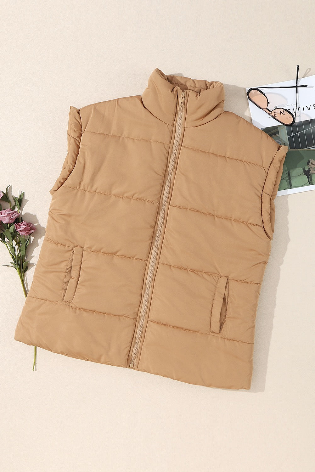 Khaki Oversized Stand Collar Zip Winter Vest