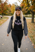 Black Halloween Rhinestone Pumpkin Face Contrast Ribbed Long Sleeve Top