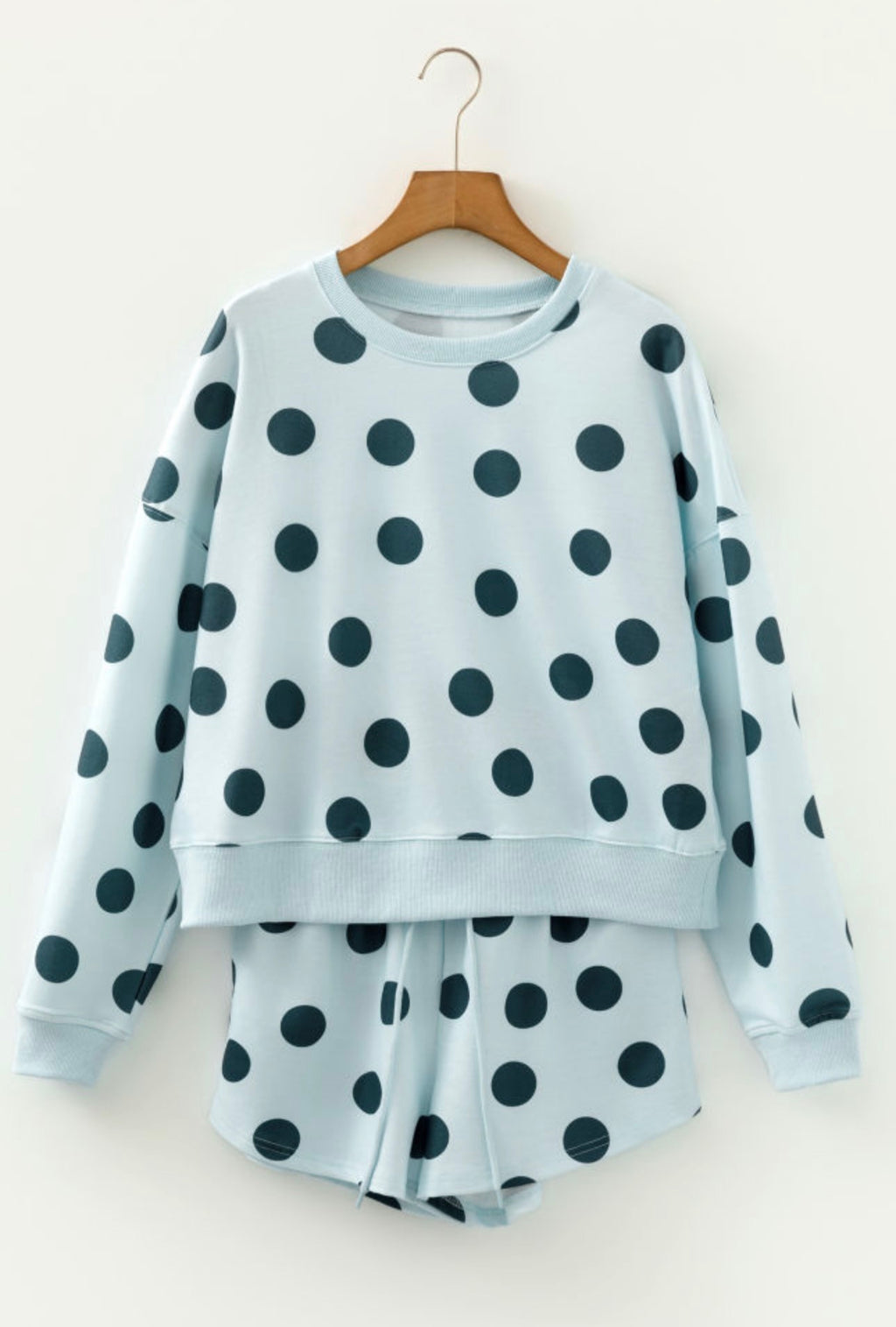 Sky Blue Polka Dot Print Drop Shoulder Pullover Drawstring Shorts Setk
