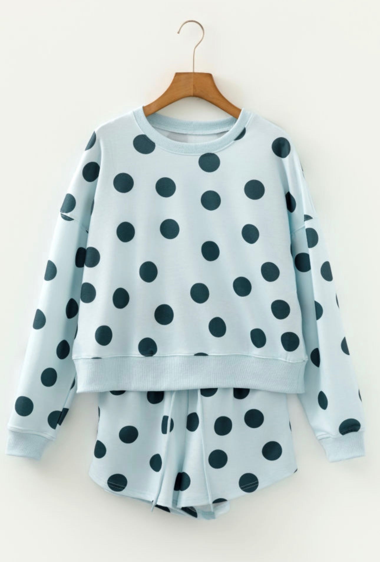 Sky Blue Polka Dot Print Drop Shoulder Pullover Drawstring Shorts Setk