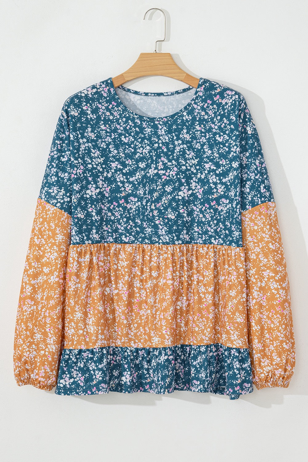 Orange Floral Color Block Patchwork Ruffled Hem Round Neck Blouse