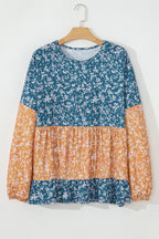 Orange Floral Color Block Patchwork Ruffled Hem Round Neck Blouse