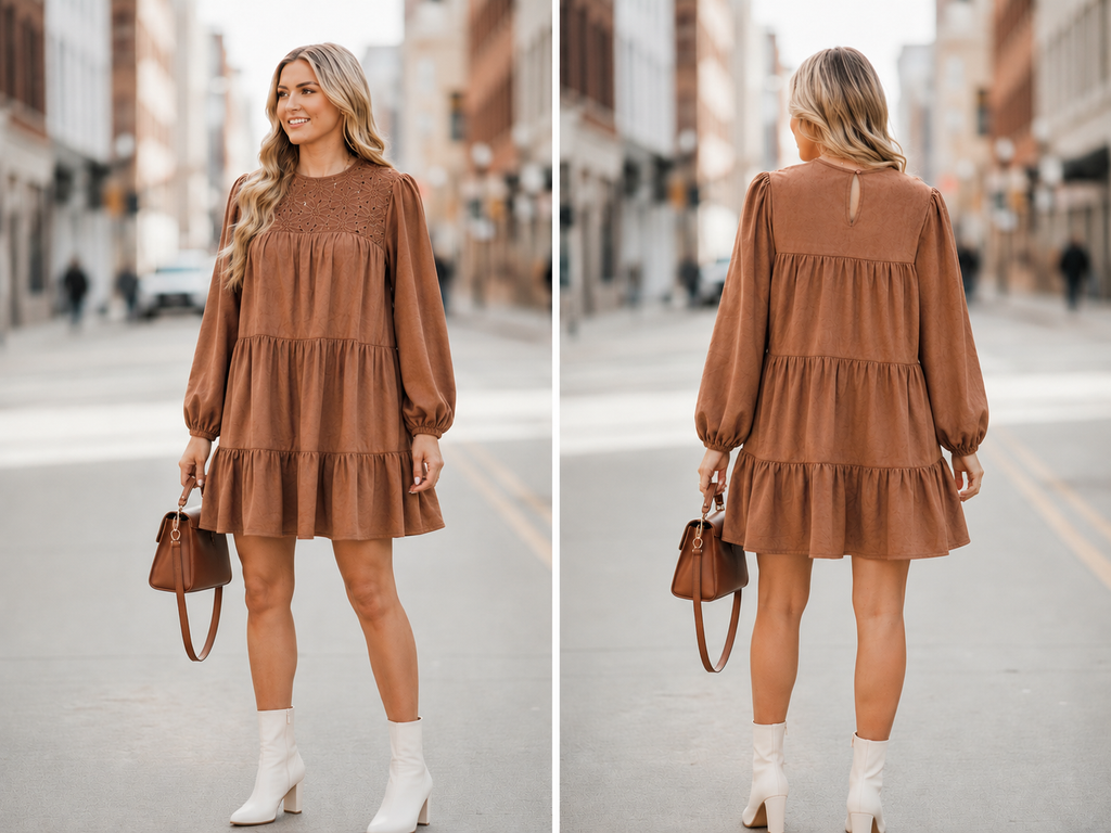 Chestnut Floral Lace Crochet Tiered Ruffled Mini Dress