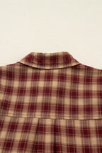 Red Plaid Print Ruffled Long Sleeve Patchwork Hem Mini Shirt Dress