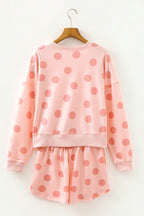 Pink Polka Dot Print Drop Shoulder Pullover Drawstring Shorts Set