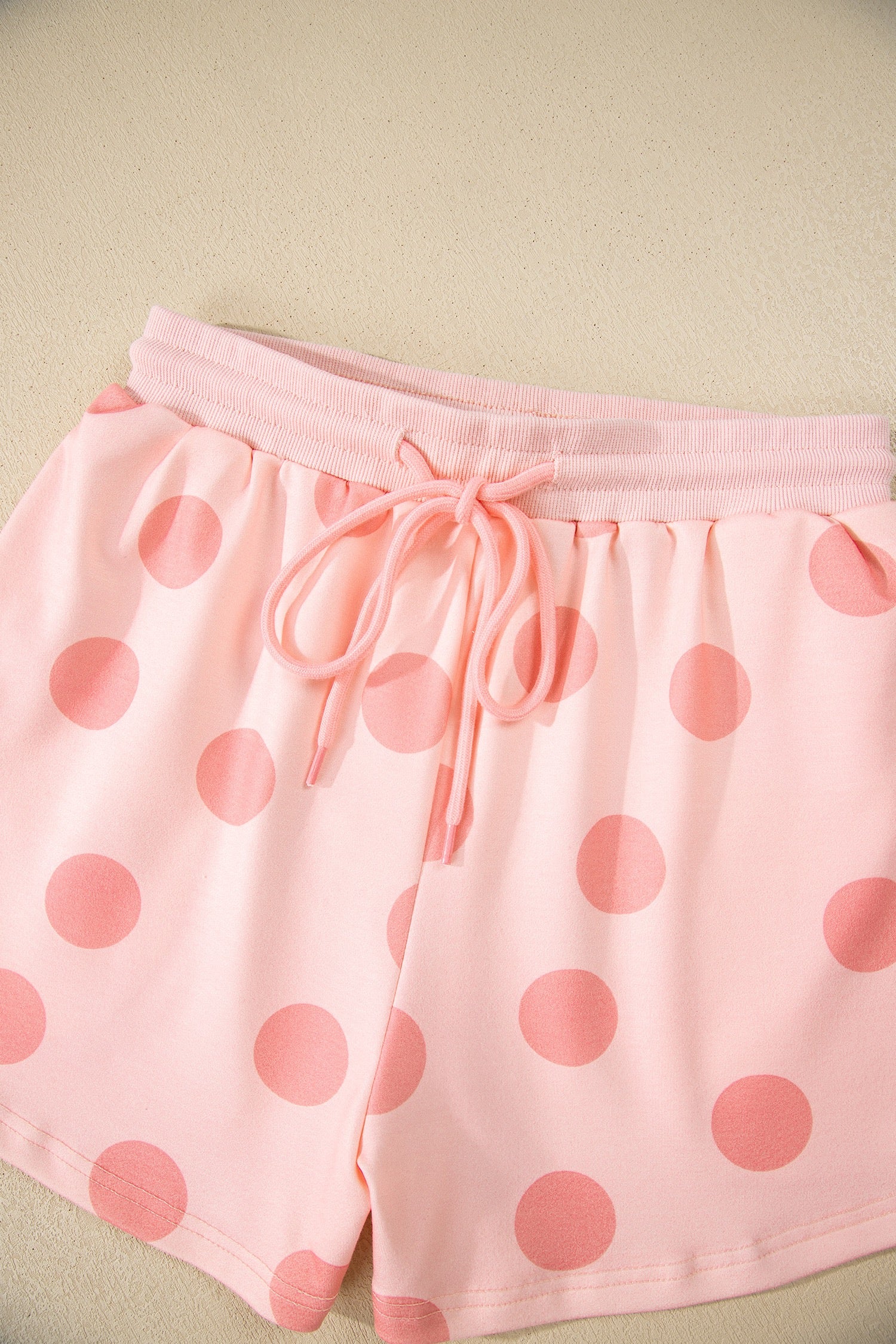 Pink Polka Dot Print Drop Shoulder Pullover Drawstring Shorts Set