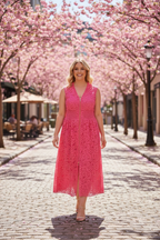 Coral Floral Lace Overlay Zip Up V Neck Smocked Waist Sleeveless Dress