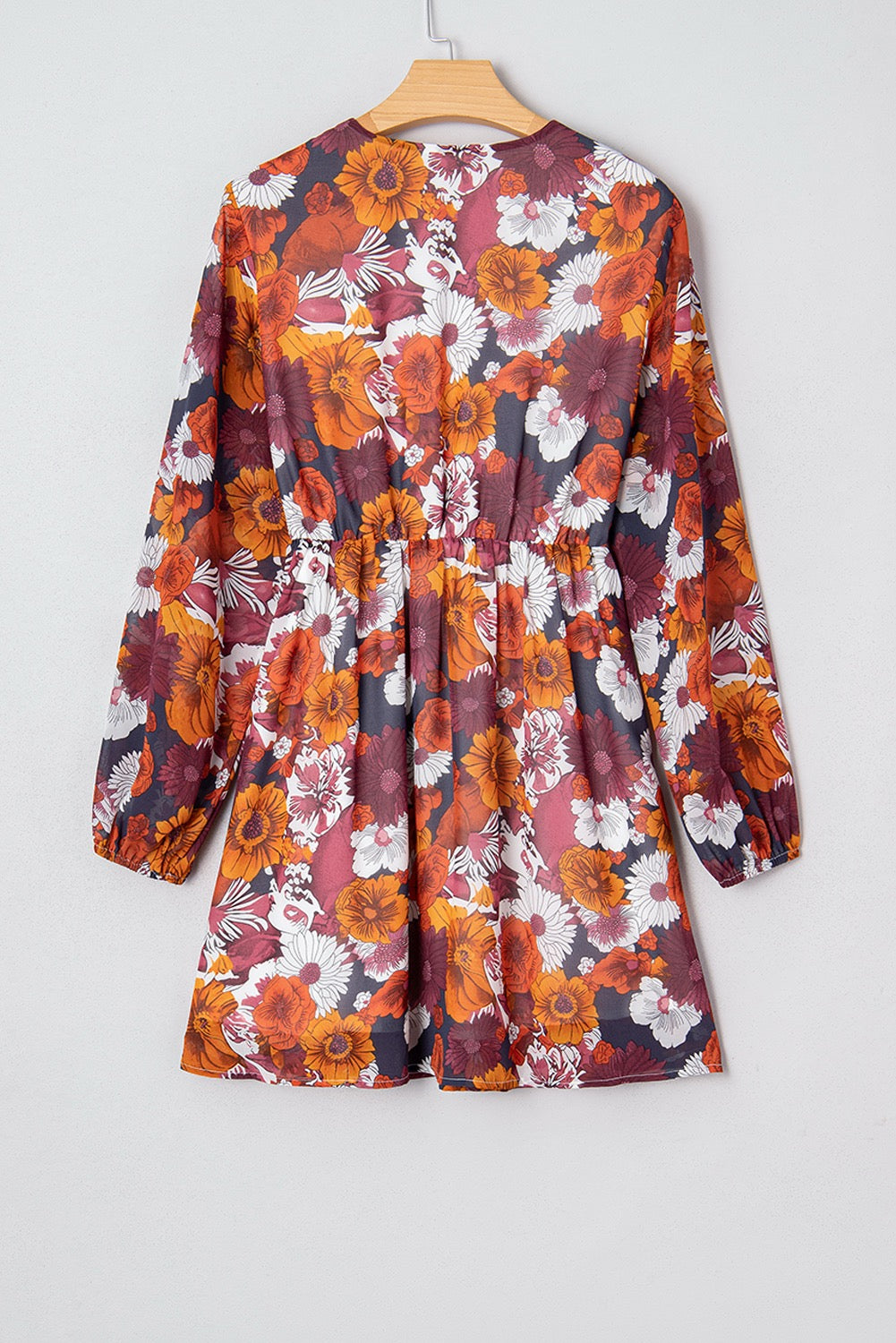 Red Floral Print Wrap V Neck Puff Sleeve Flowy Mini Dress Za