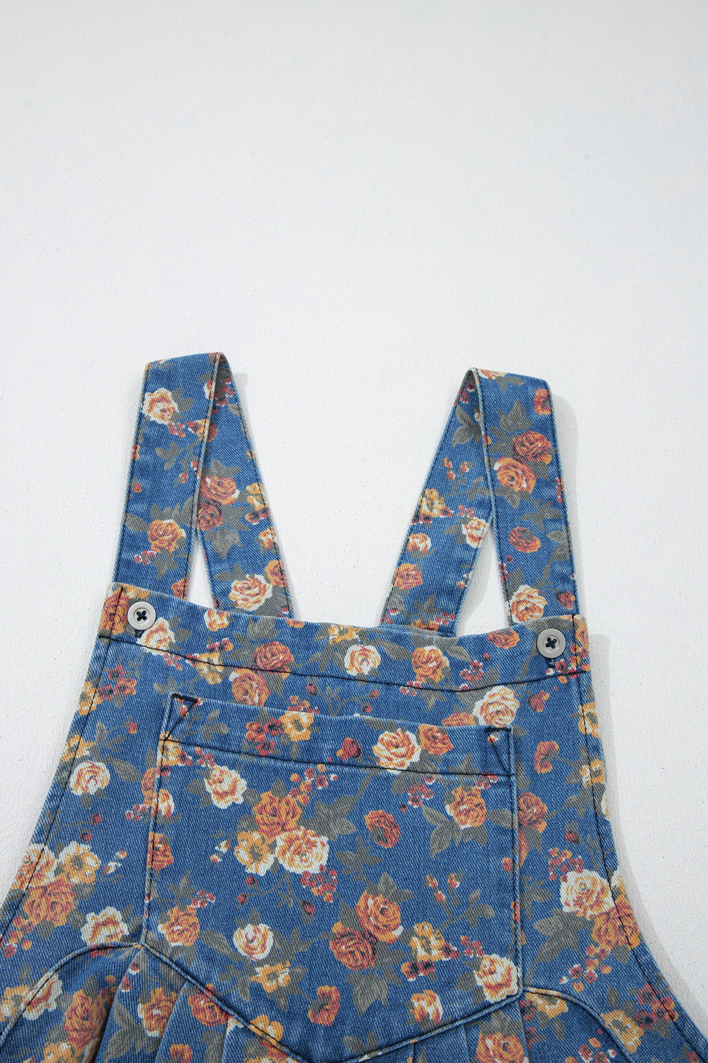 Blue Vintage Rose Printed Loose Denim Overall Jumpsuit